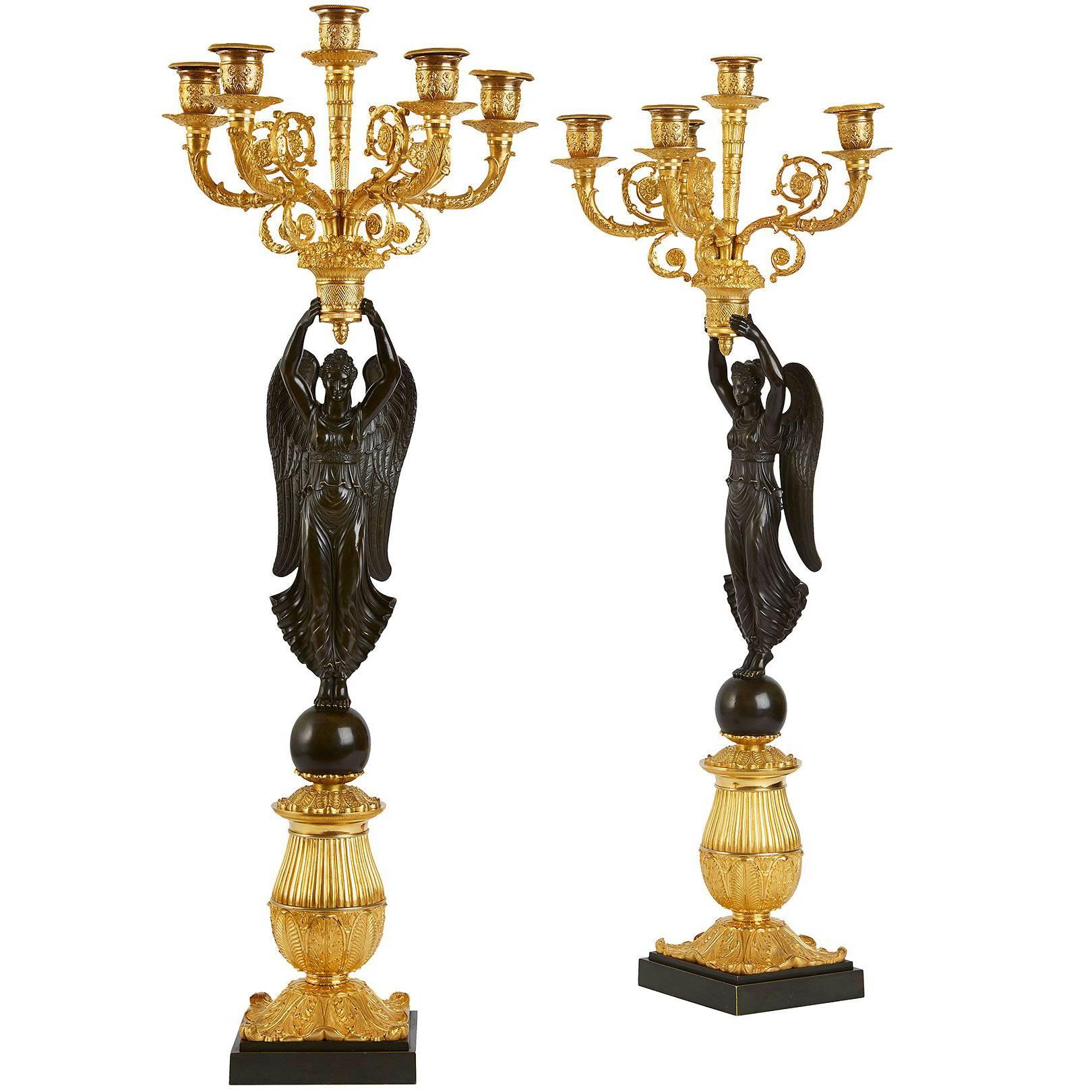 Pair of Empire Period Gilt and Patinated Bronze Candelabra Attributed to Galle