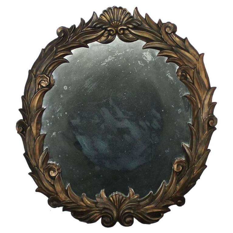 Large Antique Foliate Round Plaster Mirror in the Style of Serge Roche