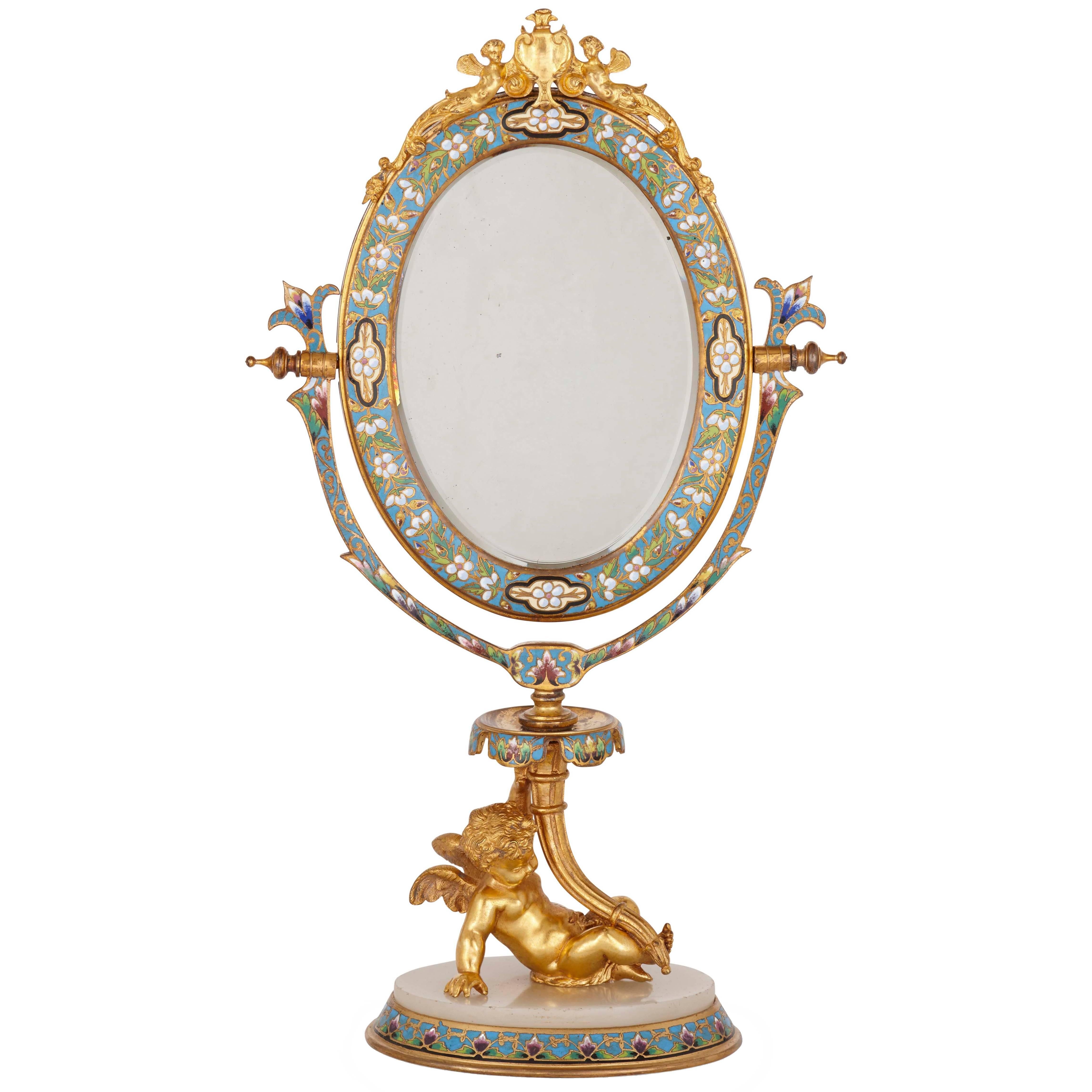 Gilt Bronze, Champlevé Enamel and Alabaster Antique French Dressing Table Mirror