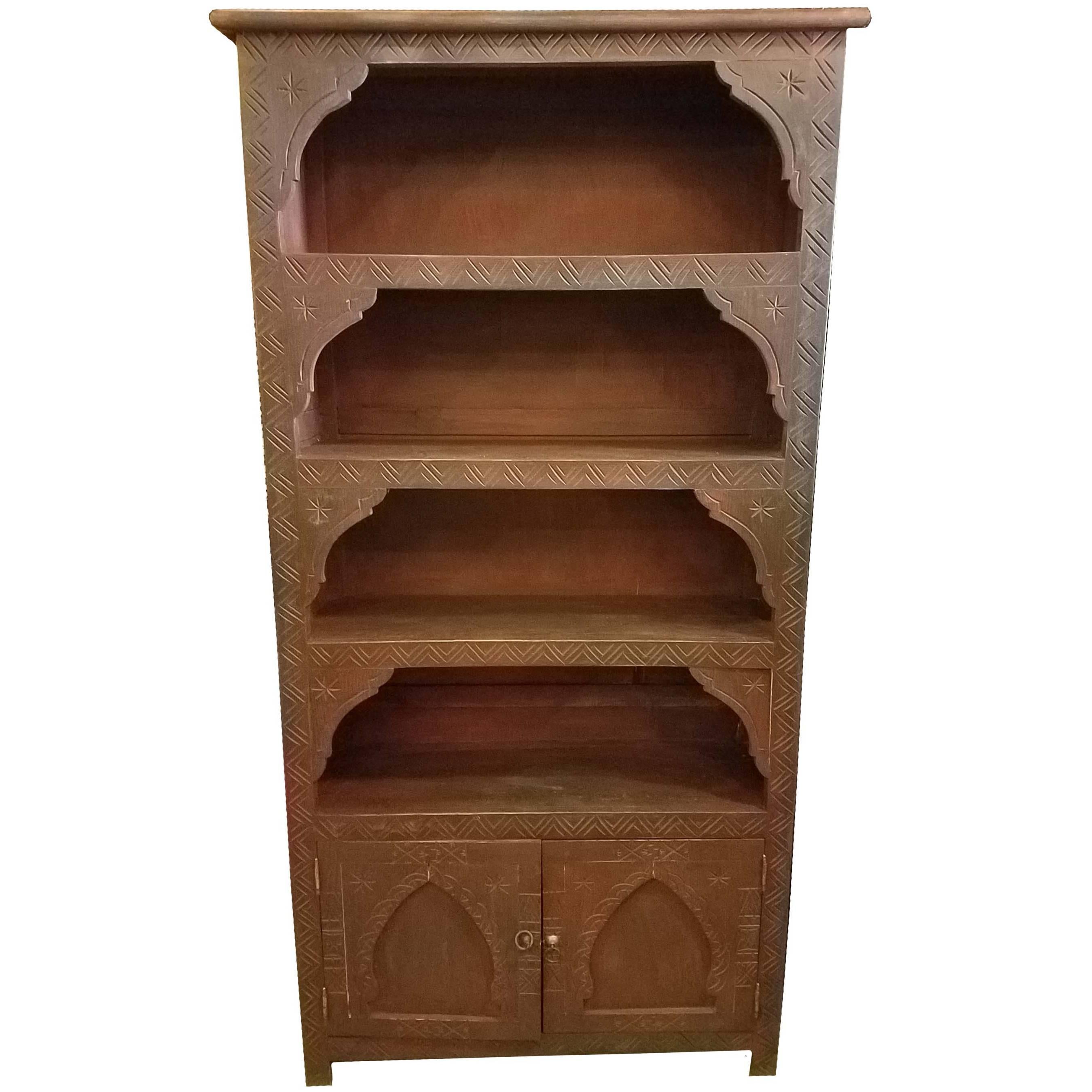 Cedar Wood Moroccan Bookcase, Carved Brown For Sale