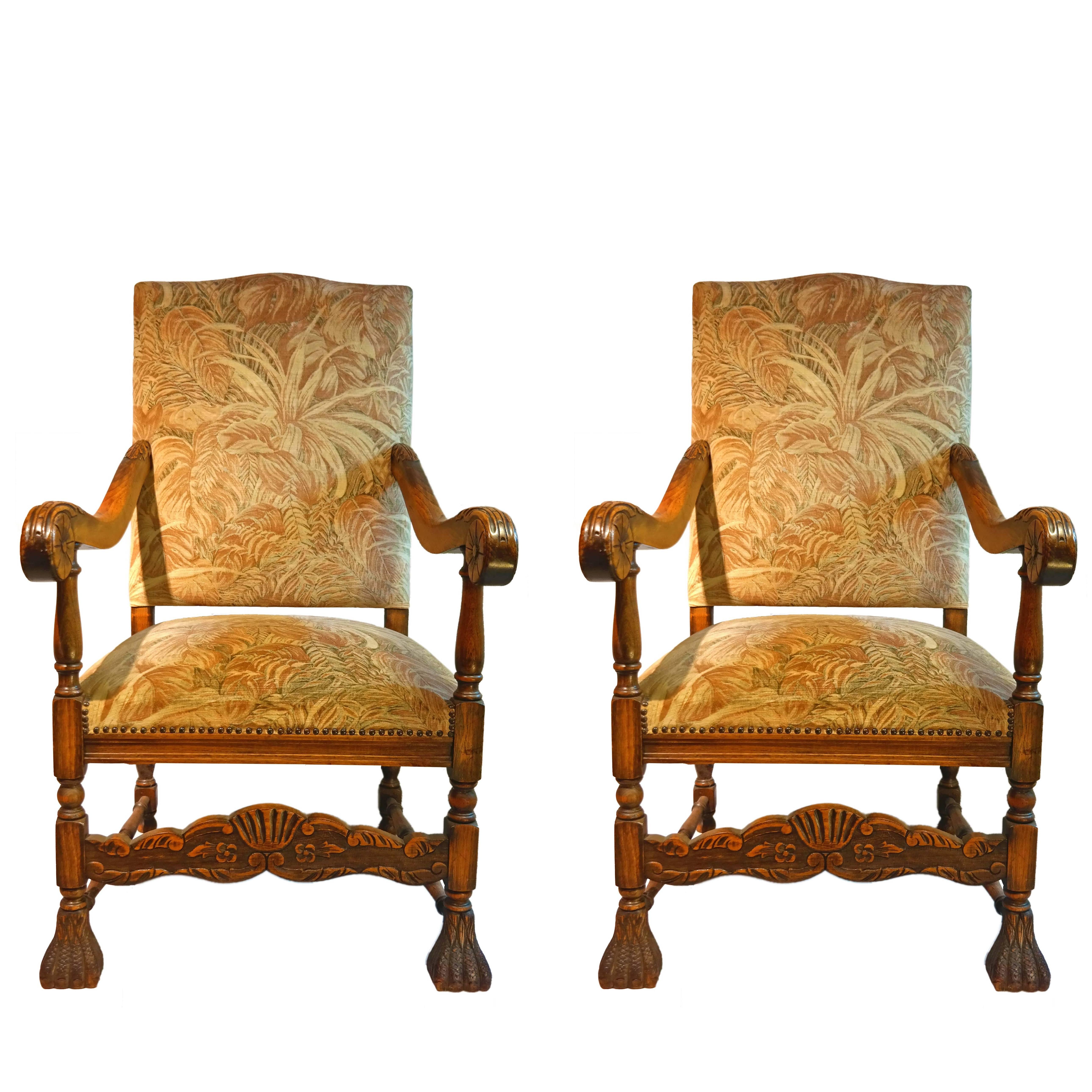 Pair of Early 20th Century English High Back Carved Elm Armchairs