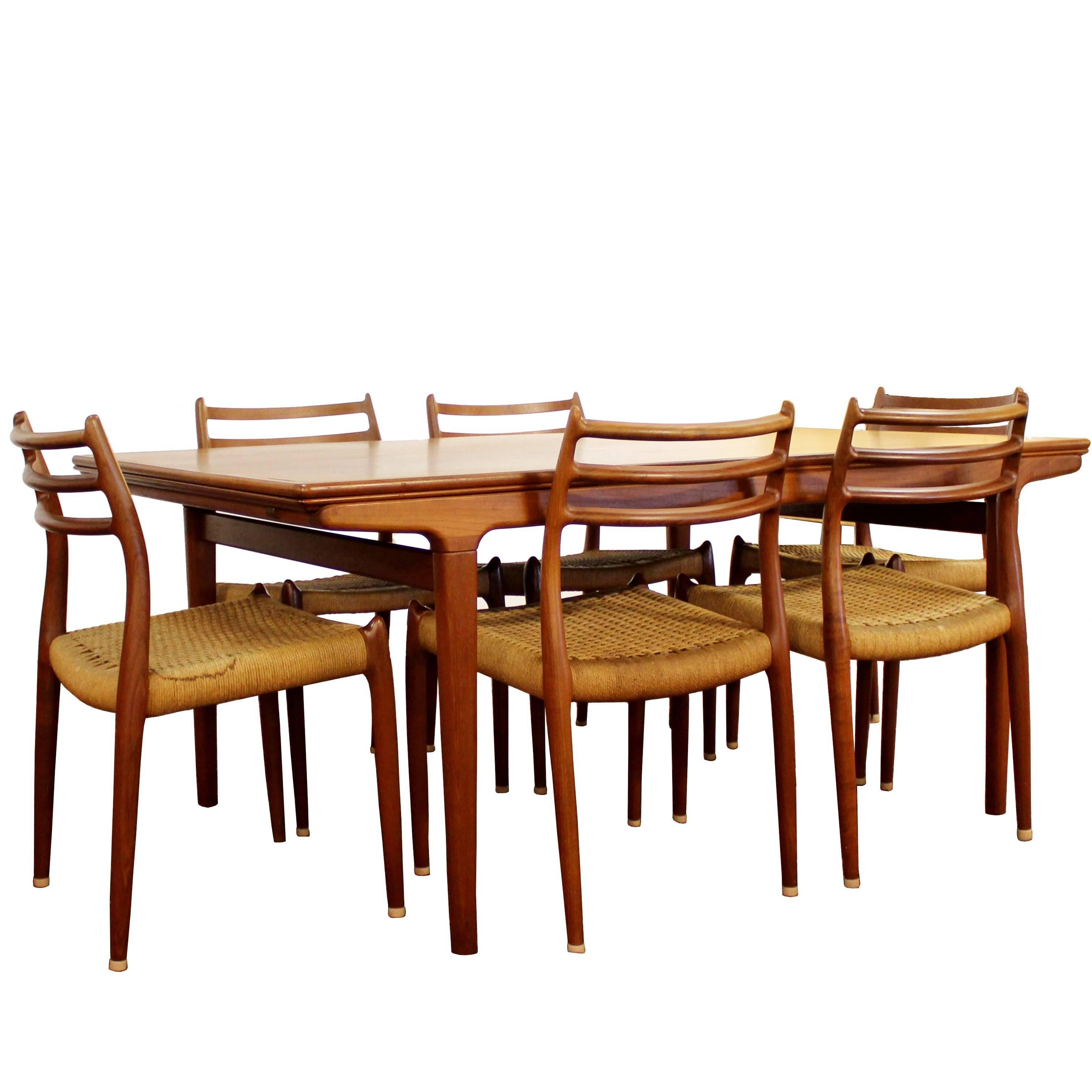 Mid-Century Modern Danish Teak Expandable Dining Table Six Chairs Two Leaves