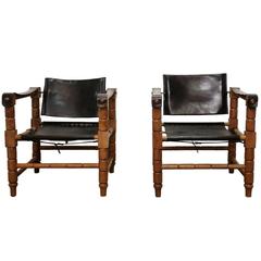 Pair of Mid-Century Brutalist Black Leather Safari Chairs