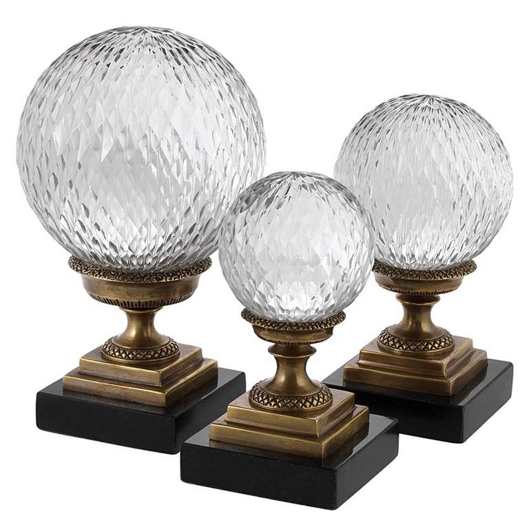 Deco Glass Balls Set of Three in Antique Brass and Clear Glass For Sale
