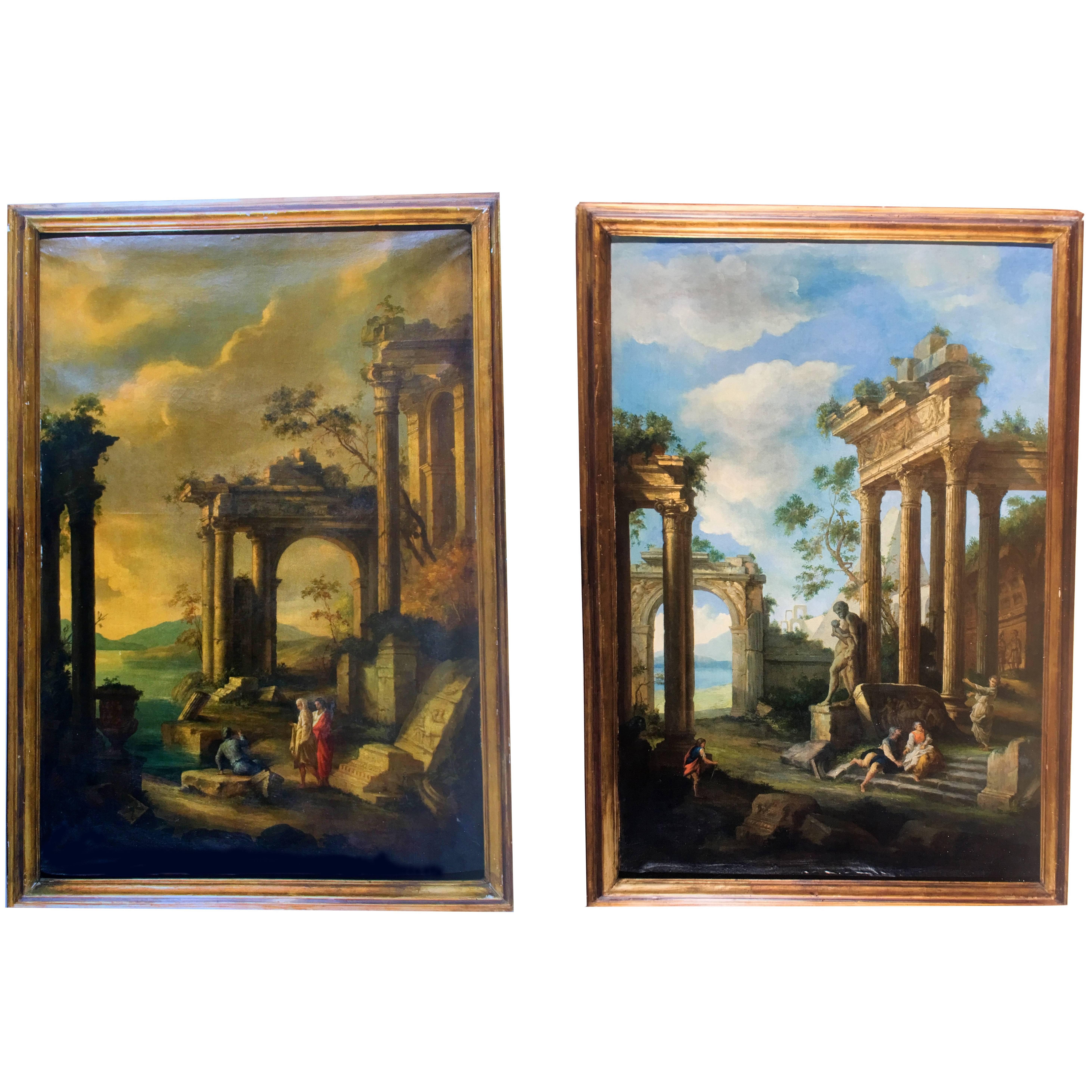 Majestic Pair of Oil in Canvas, Architectural Capriccio, Roman Ruins with Figure For Sale