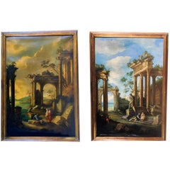 Majestic Pair of Oil in Canvas, Architectural Capriccio, Roman Ruins with Figure