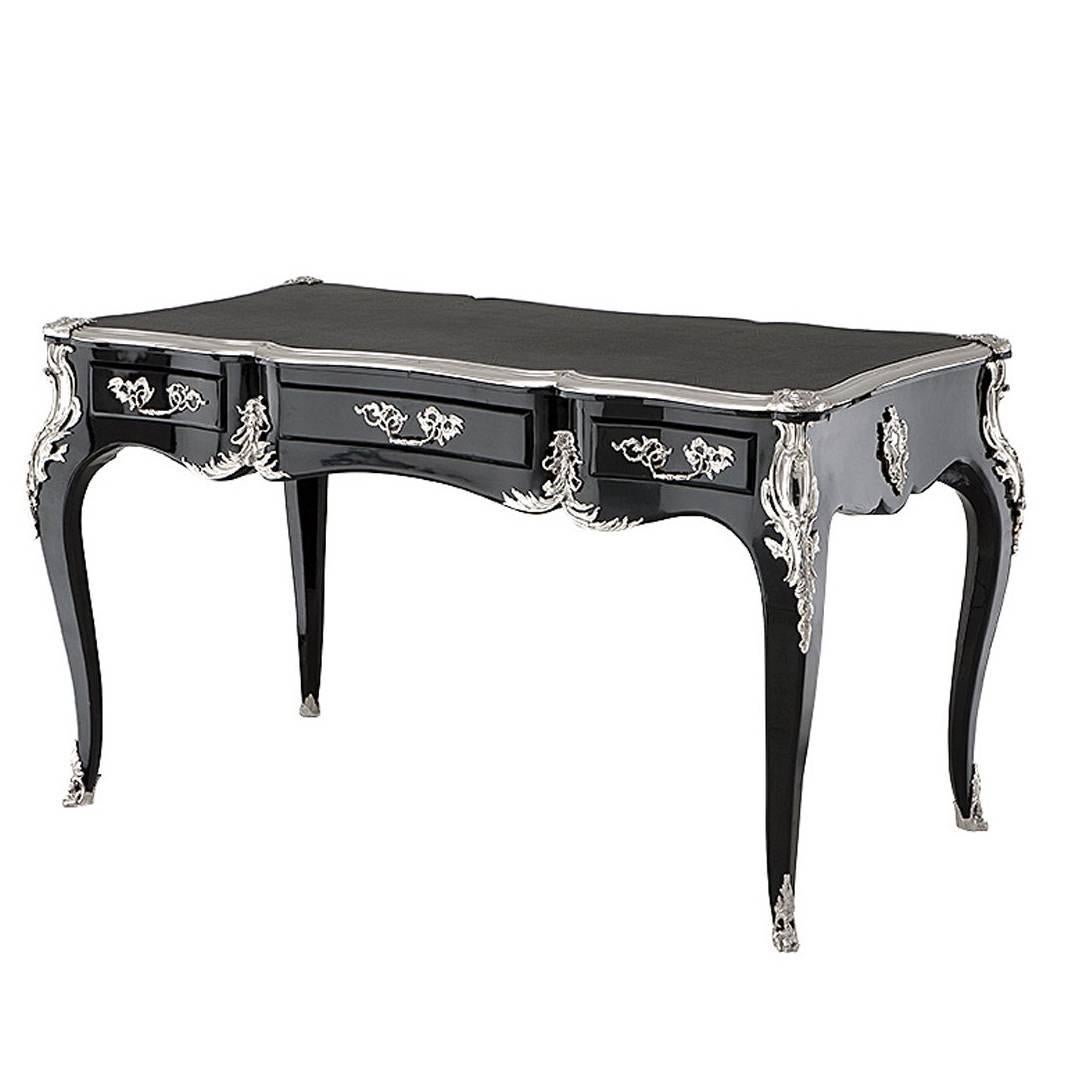 Louis XV Desk Re Edited in Black Lacquered Solid Wood and Leather Top