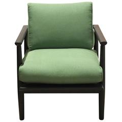 Modern Lounge Chair Refinished in Black and Reupholstered in Green Fabric