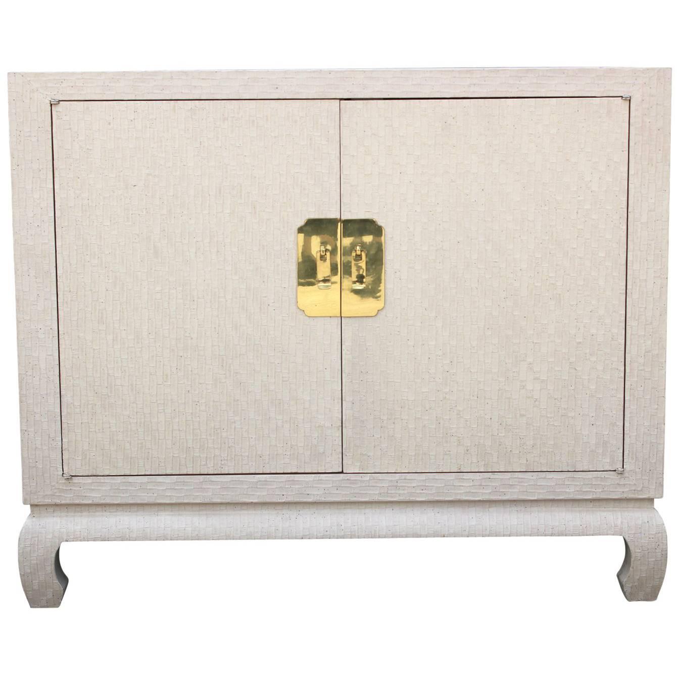 Modern Baker Cabinet in Cream Lacquered Grass Cloth with Brass Pulls