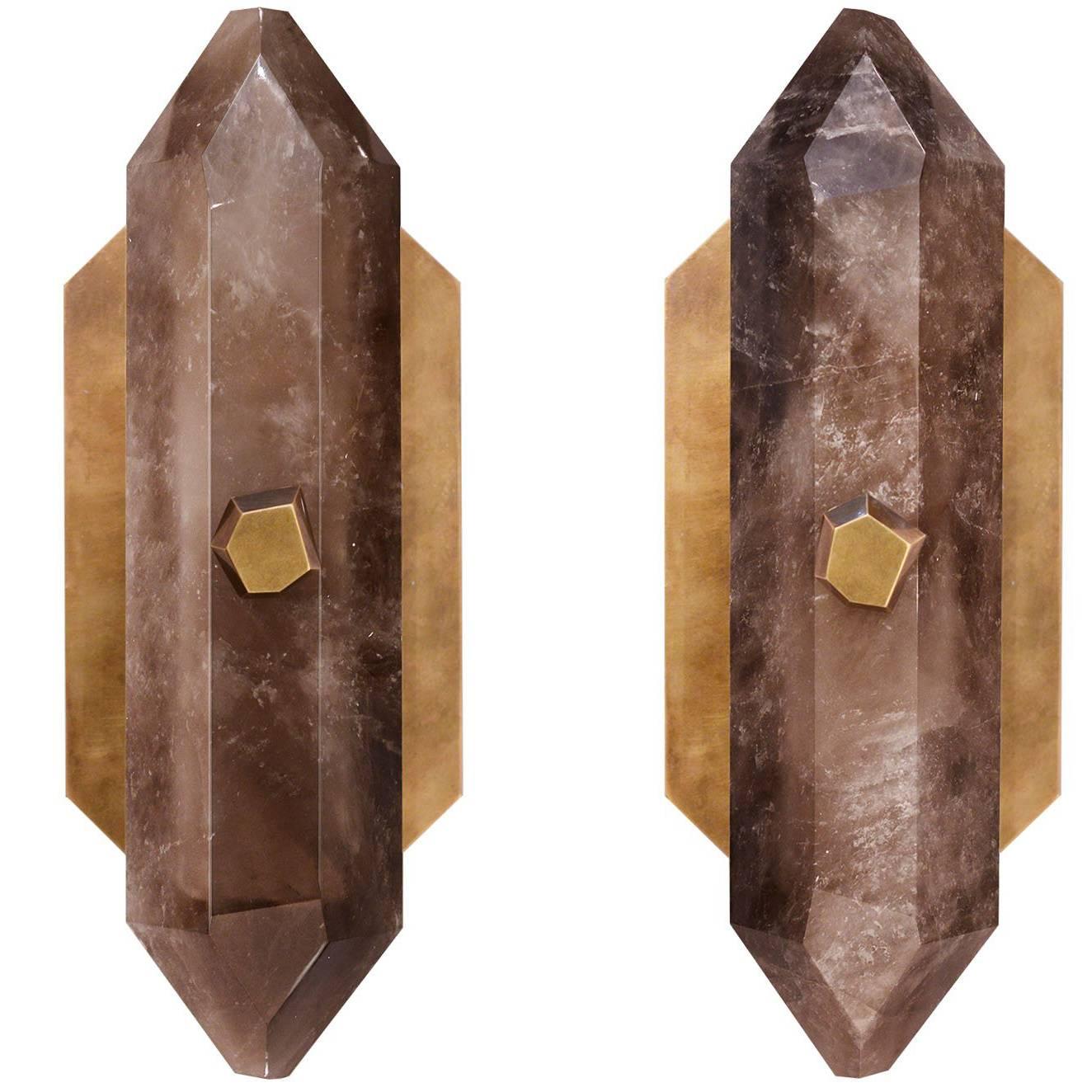 Pair of Diamond Form Smoky Brown Rock Crystal Quartz Sconces