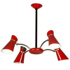 Red Lacquered Four-Arm Chandelier, French, 1950s