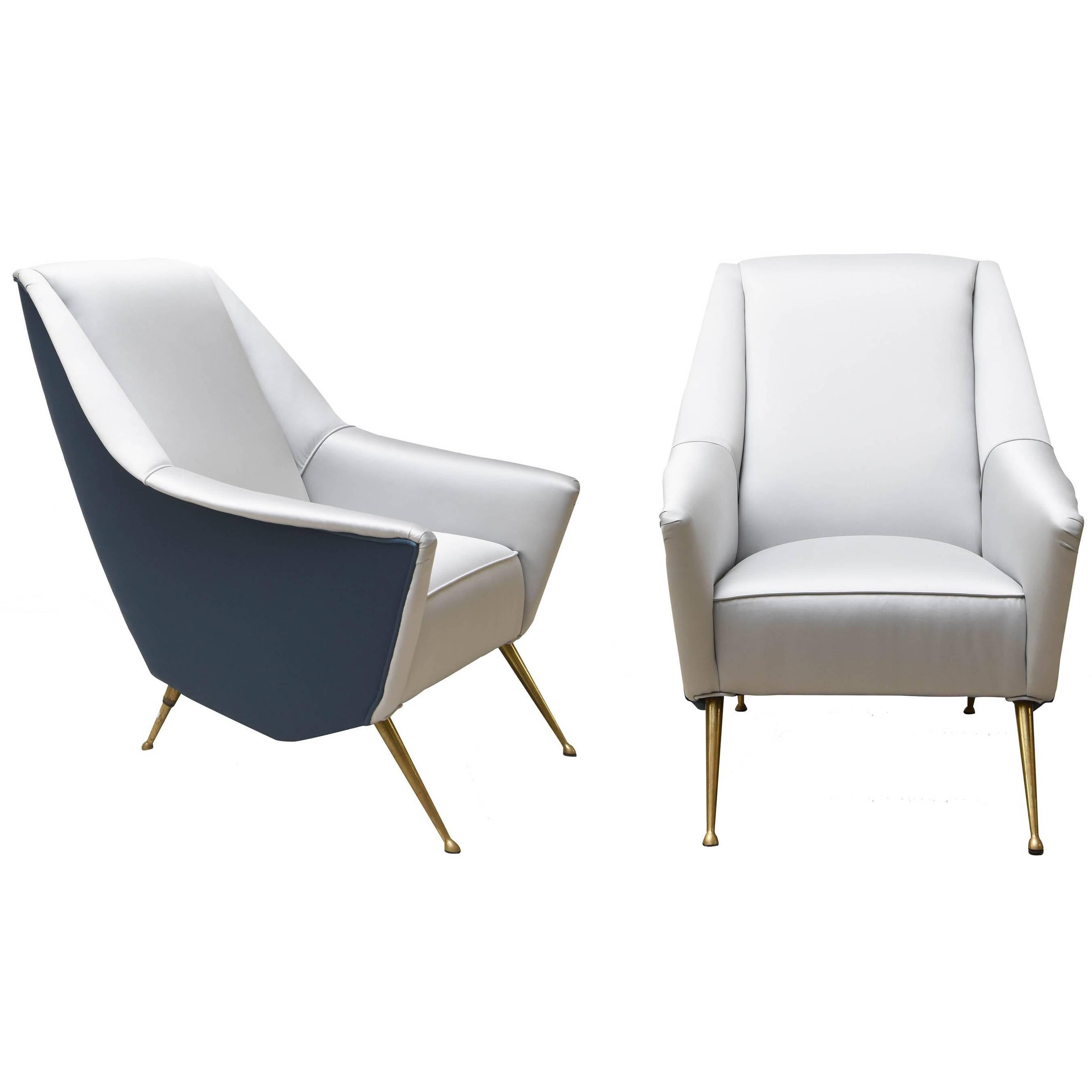 Pair of ISA Brass and Grey and Blue Silky Cotton Upholstery Armchairs, 1950s   For Sale