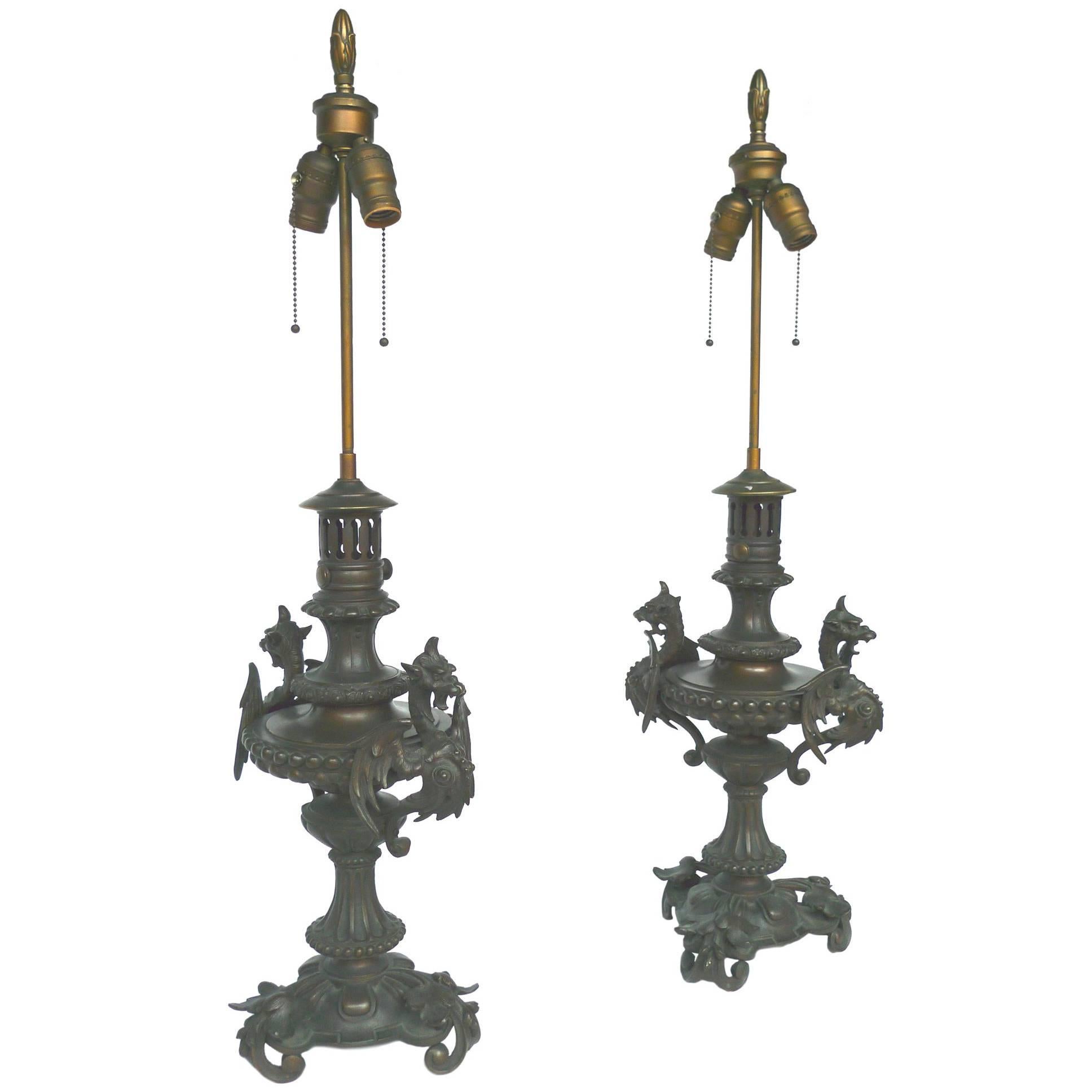 Pair of Bronze Meiji-Style Lamps