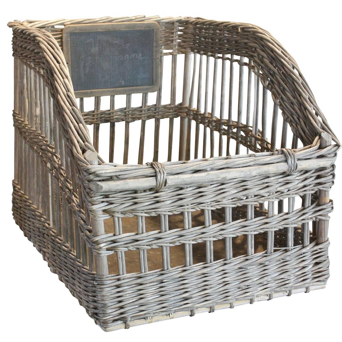 French 19th Century Large Size Wicker Baguette Basket with Chalk Board