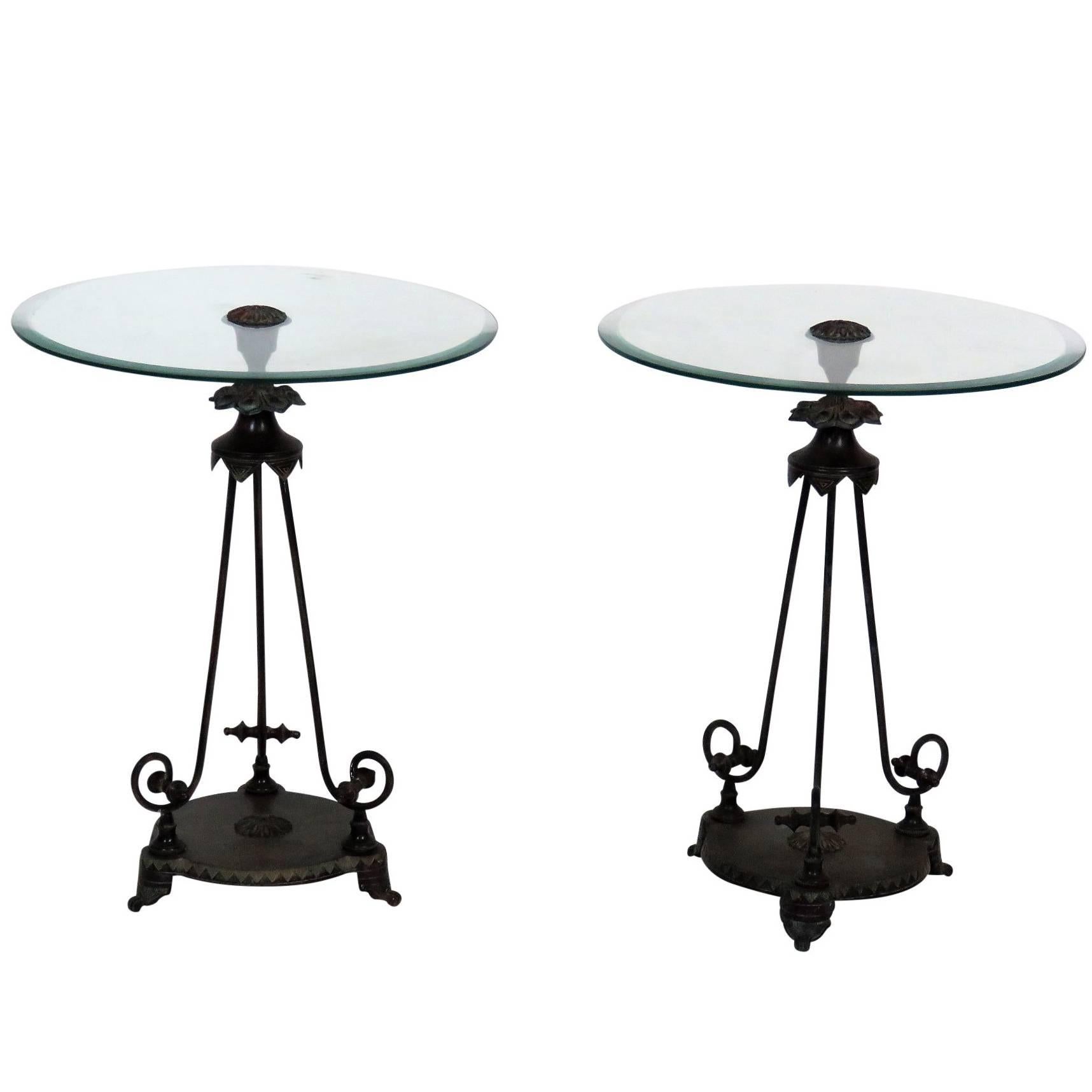 Pair of Regency Style Metal Glass Top Side Tables