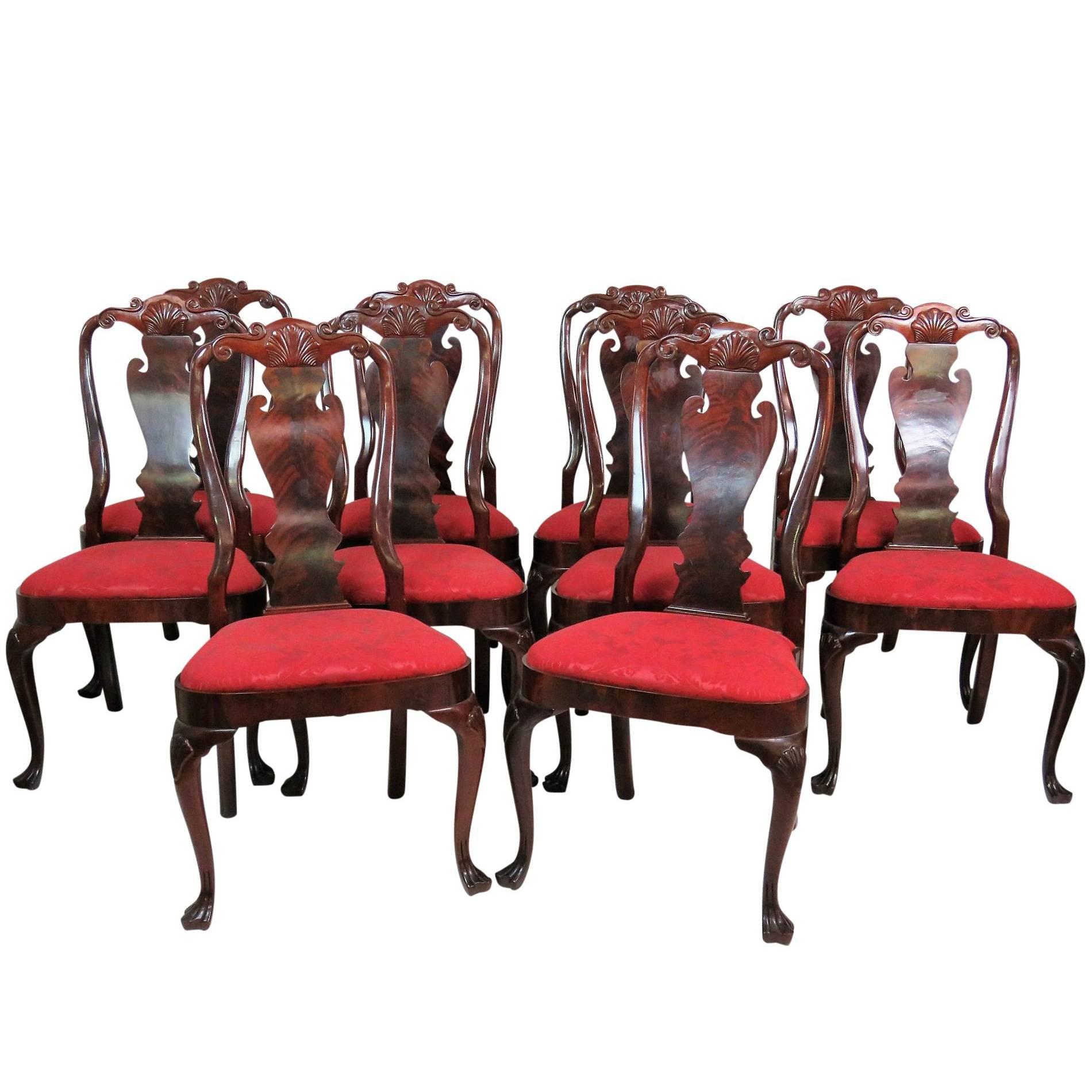 Ten Mahogany Carved Upholstered Dining Chairs