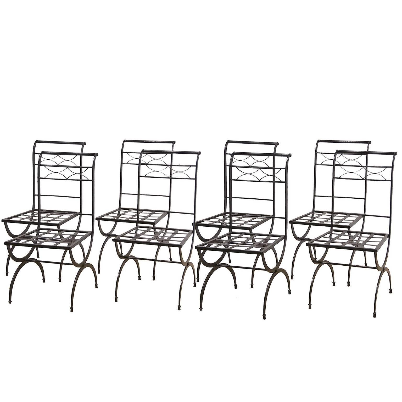 Set of Eight French Wrought Iron Chairs, Empire Style, Early 20th Century
