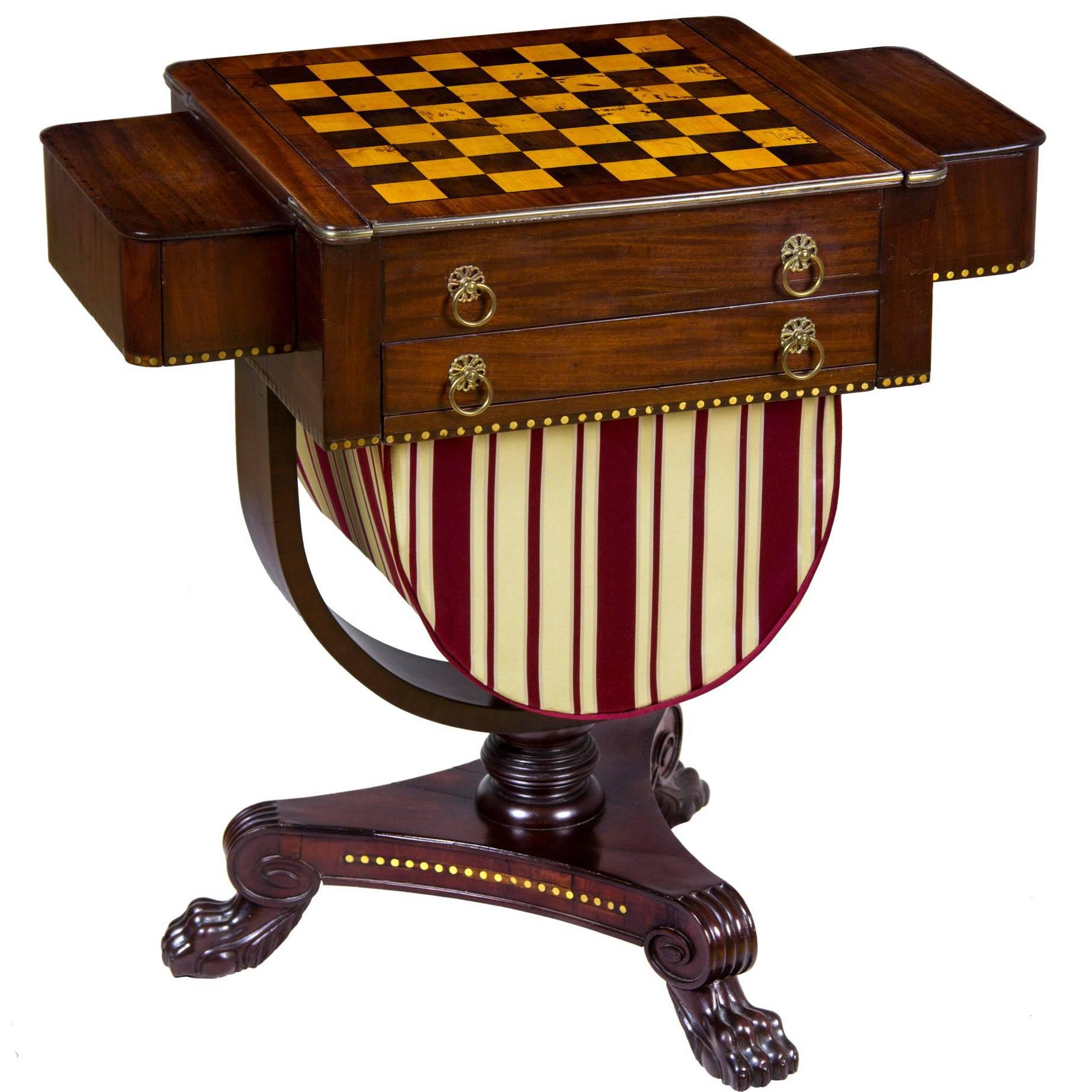 Classical Brass Inlaid Mahogany Worktable with Inlaid Game Board circa 1820-1830 For Sale