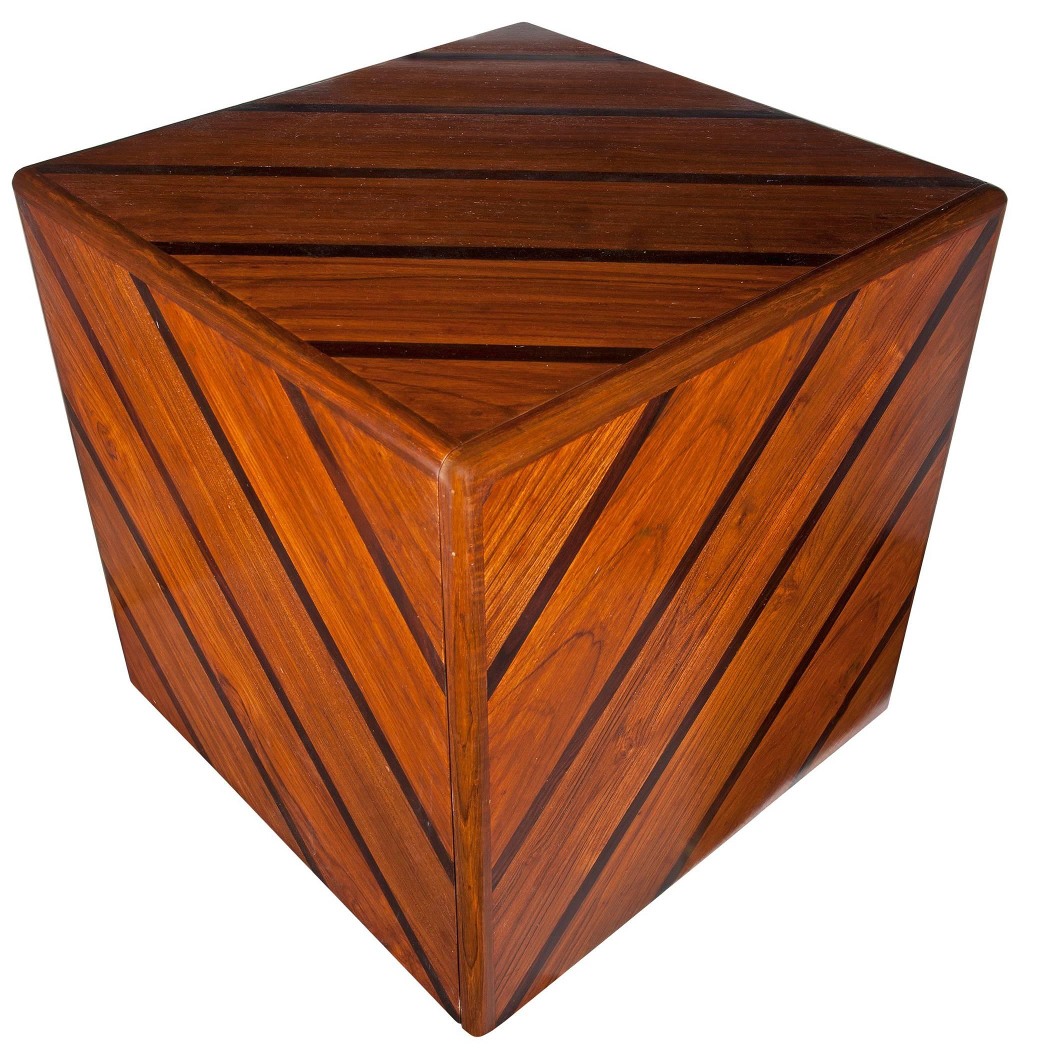 Pair of mahogany and rosewood cube side tables with hinged front door and interior shelf. Could also be used as stools. Contemporary. Designed by Deborah Lockhart Phillips. Handsome, functional, diverse and unusual.