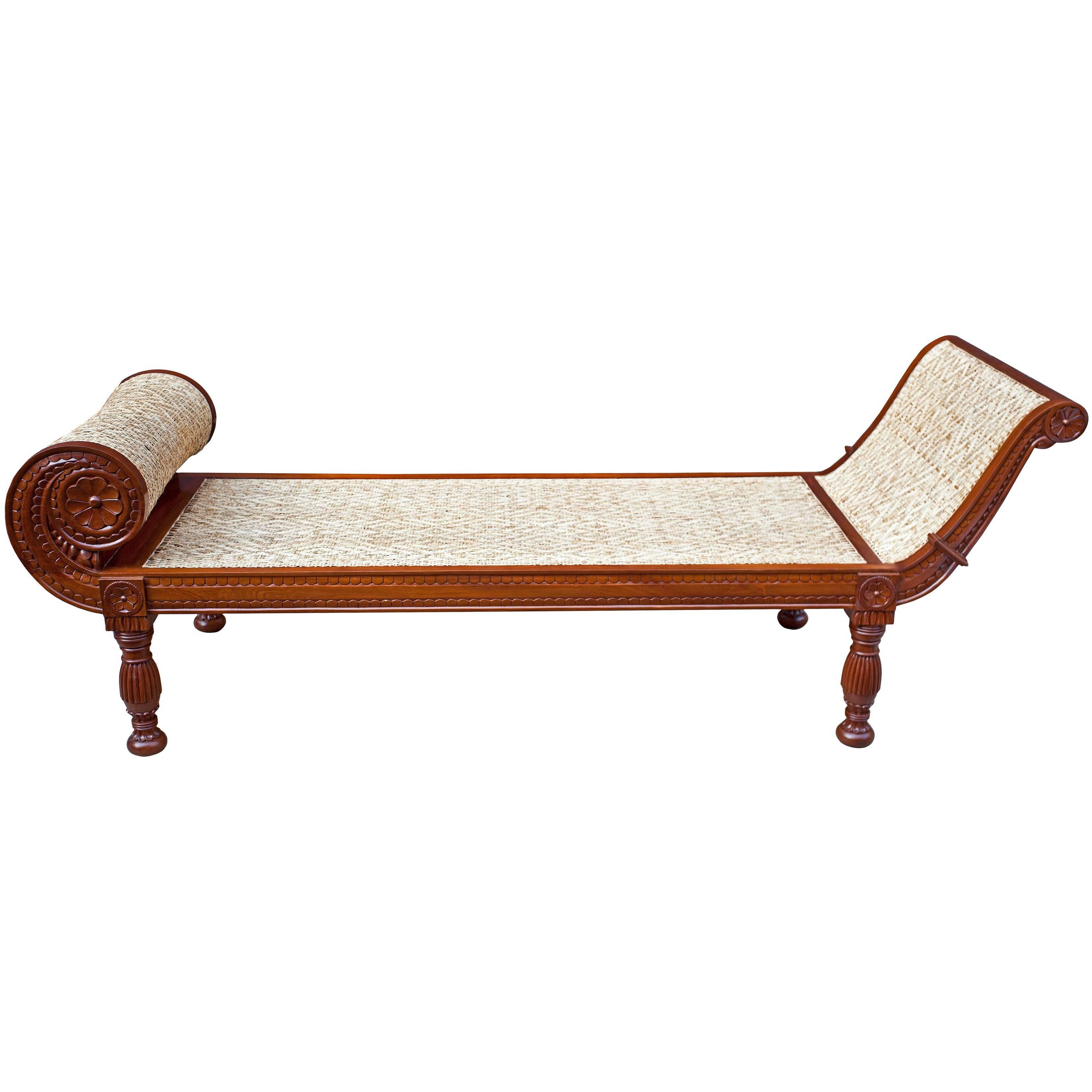 Colonial British Mahogany and Caned Daybed with Fine Carving