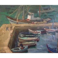 Small French Port Painting by Pierre Favre, 1906-1983