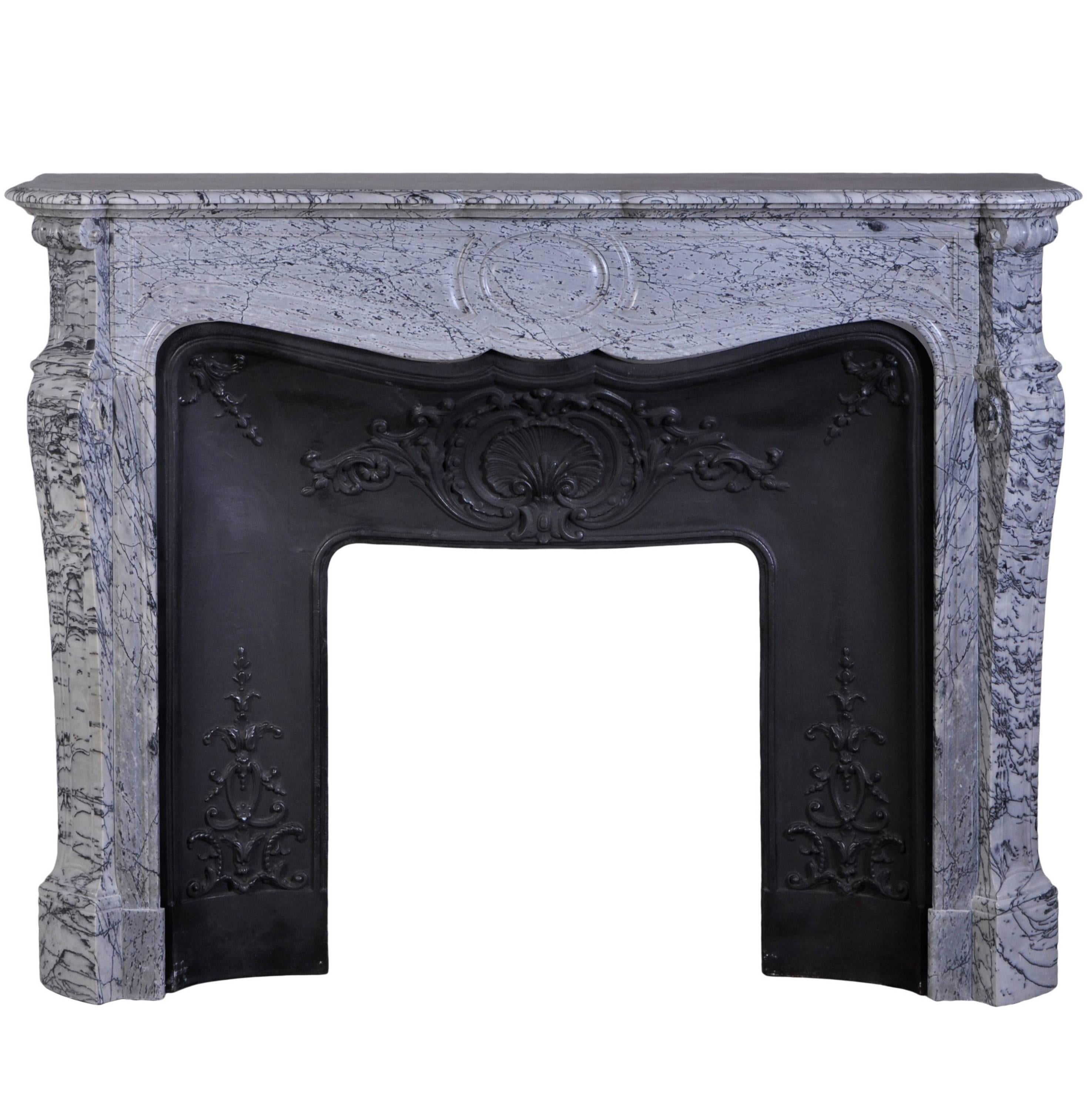 Louis XV Style Pompadour Fireplace in Bleu Fleuri Marble with Cast Iron Insert