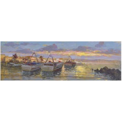 Italien  Mer  Peinture ""Boats at" (Boats at  « coucher de soleil », huile sur toile