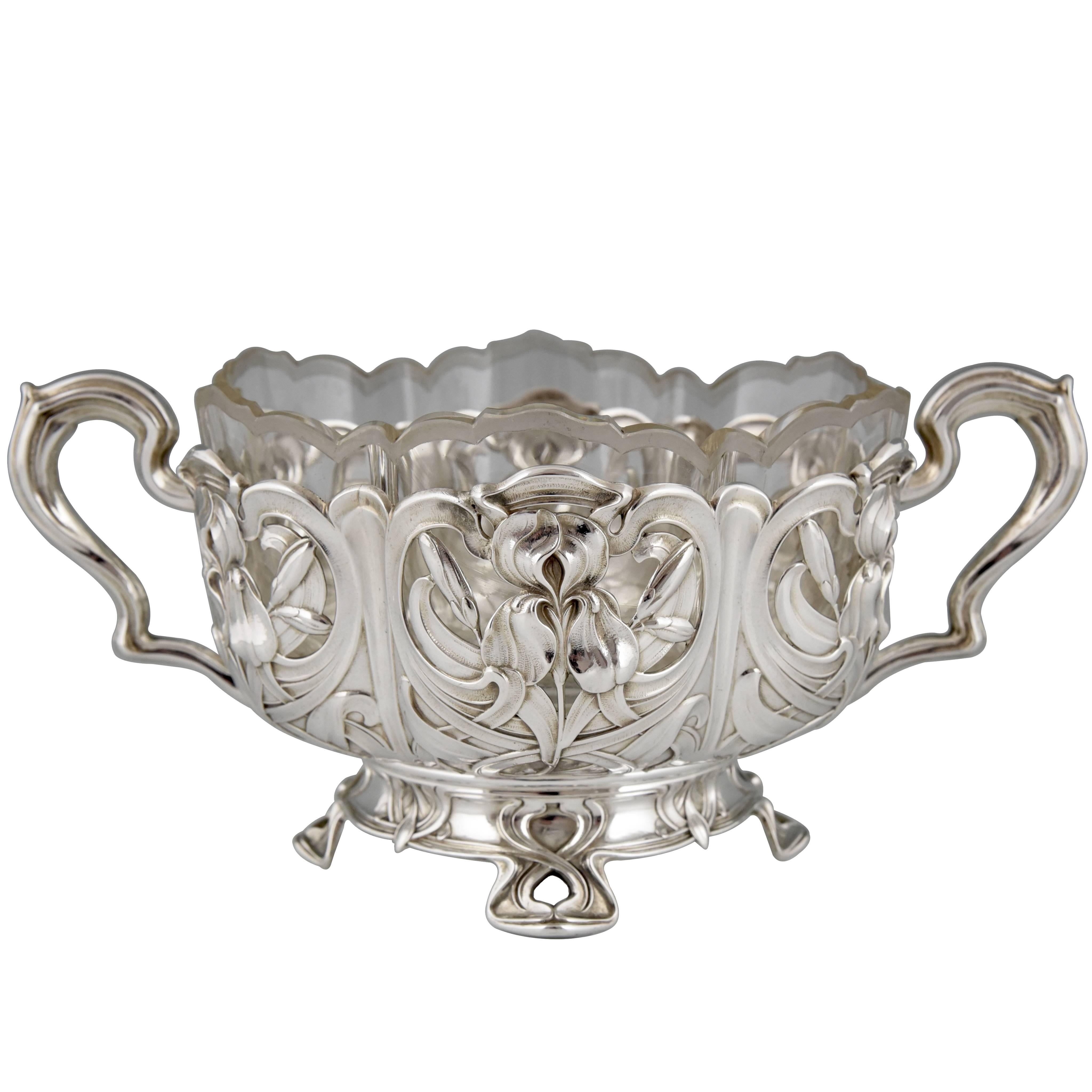 German Art Nouveau silver flower dish with glass liner by A. Strobl, 1900.