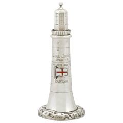 1880s Antique Victorian Sterling Silver and Enamel Lighthouse Table Lighter