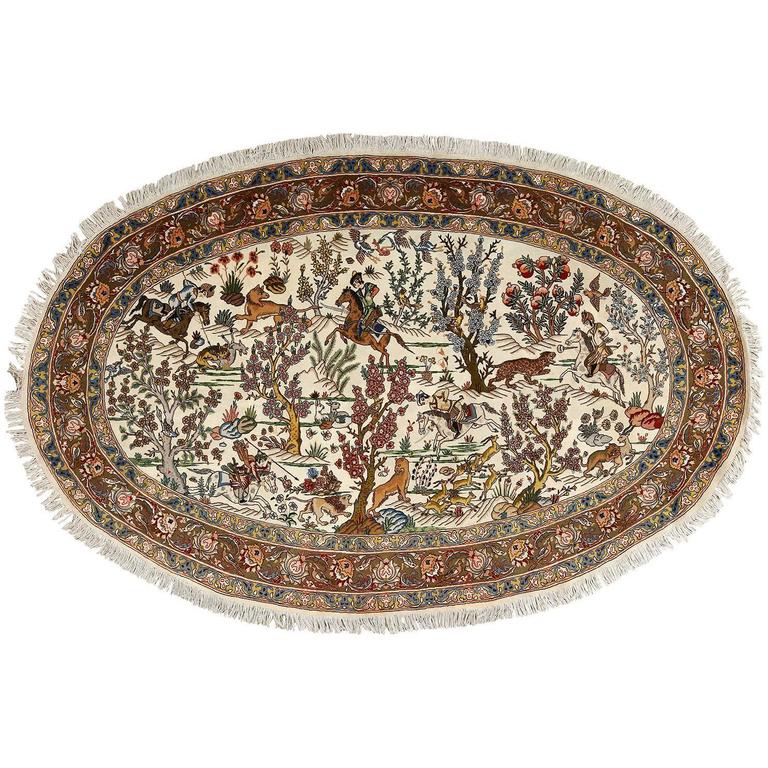 Oval Hunting Scene Vintage Tabriz Persian Rug For Sale at 1stdibs