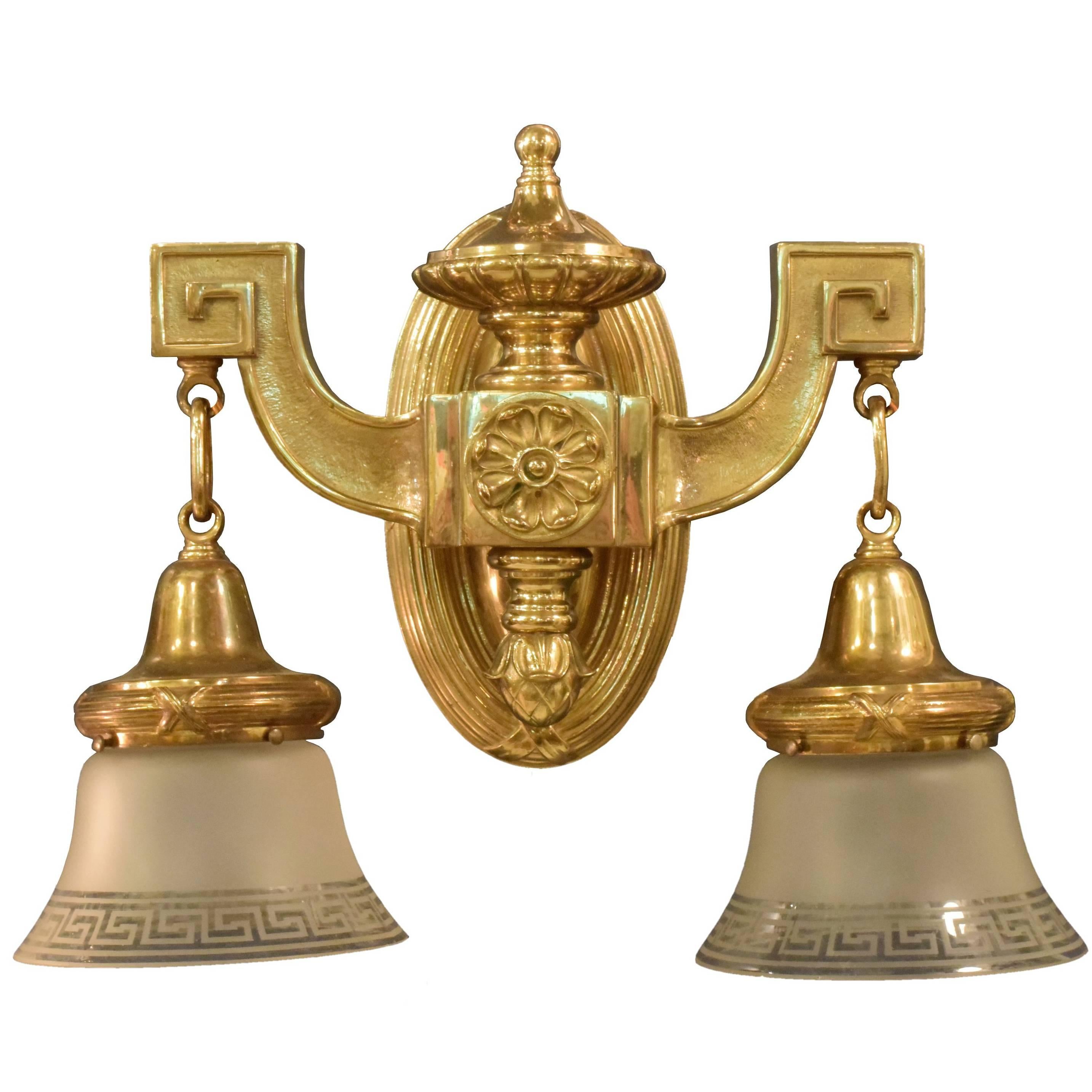 Pair of Neoclassical Cast Brass Theatre Two-Arm Sconce with Shades
