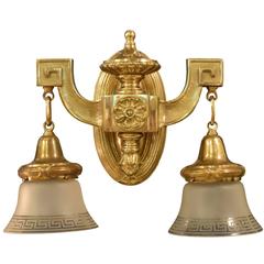 Pair of Neoclassical Cast Brass Theatre Two-Arm Sconce with Shades 4