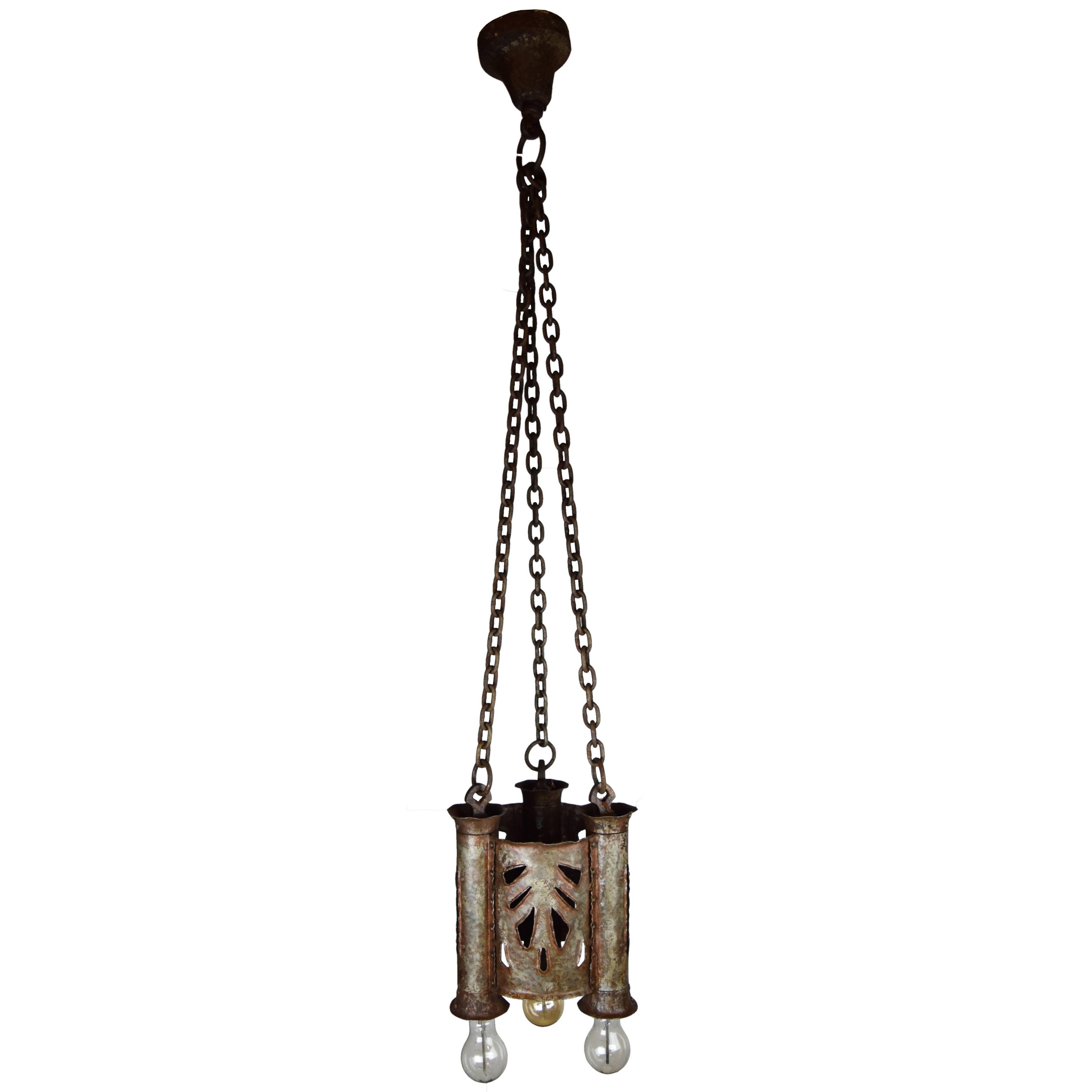 Gothic Iron Three-Light Pendant with Hammered Finish For Sale