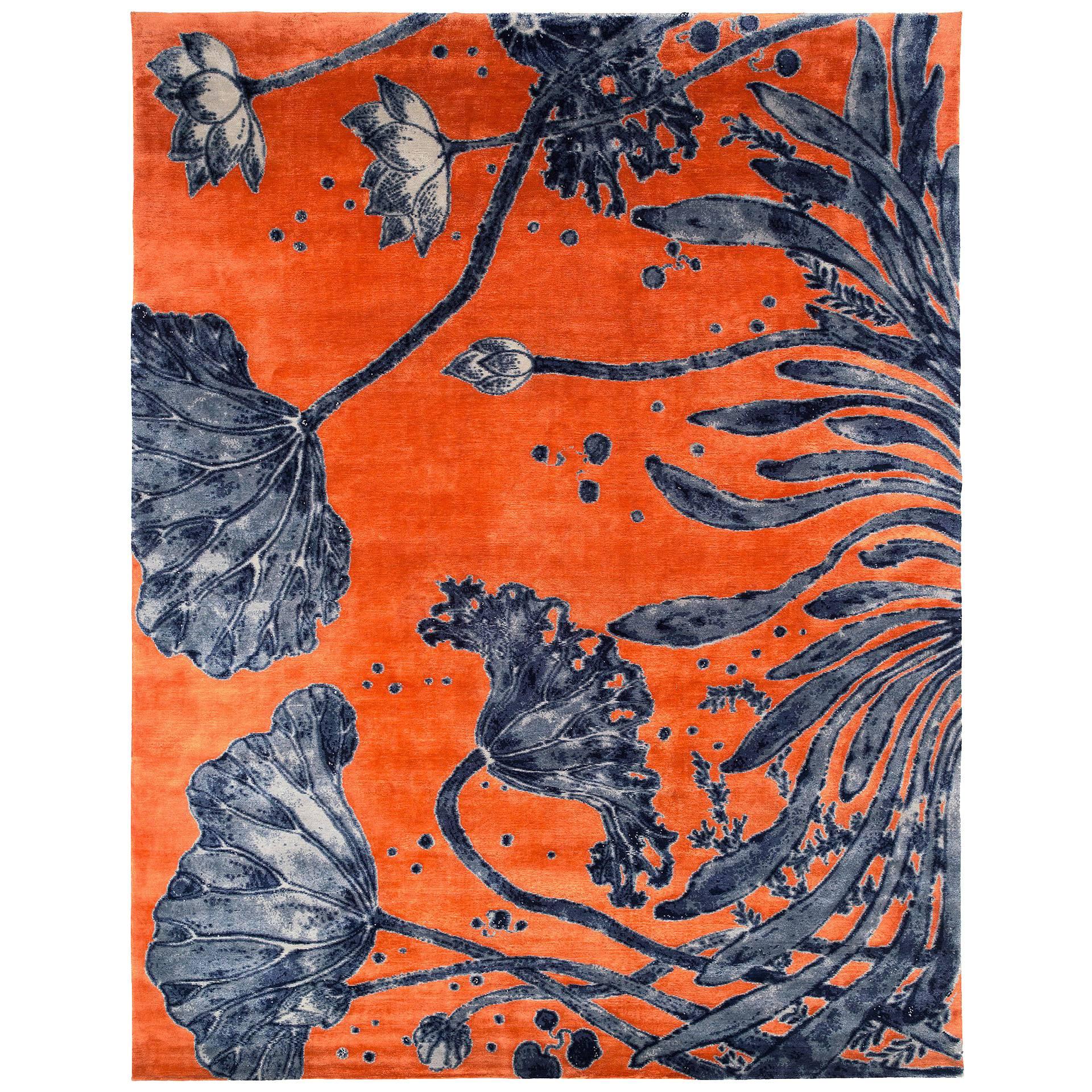 Orange and Indigo 'Water Flowers' Area Rug in Silk and Wool