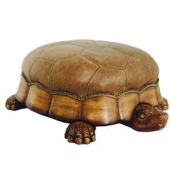 Large Leather and Wood Turtle Ottoman