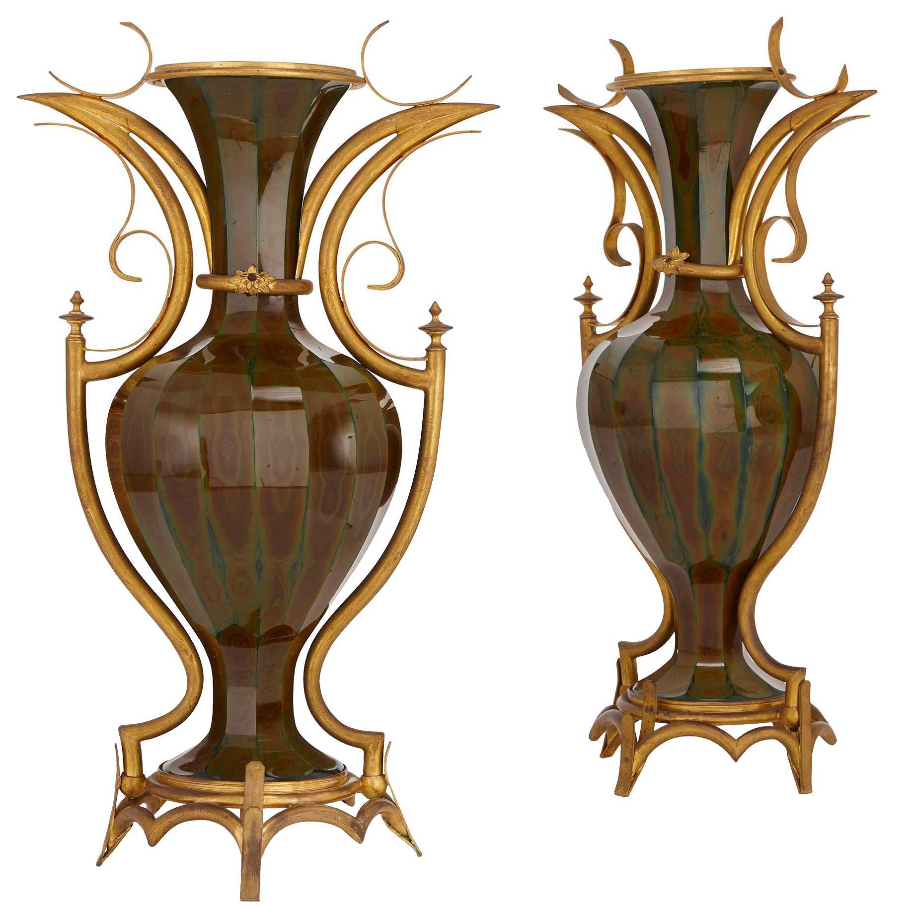 Pair of Rare Gilt Bronze Mounted Antique French Lithyalin Glass Vases
