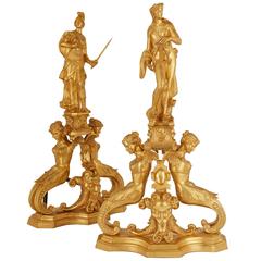 Large and Impressive Pair of Gilt Bronze Neoclassical Style French Chenets
