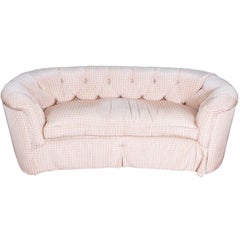 Palest Pink Curved Tufted Love Seat Upholstered in Brunschwig & Fils Silk Check