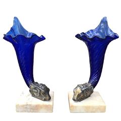 Pair of 19th Century Cobalt Glass Cornucopia Vases