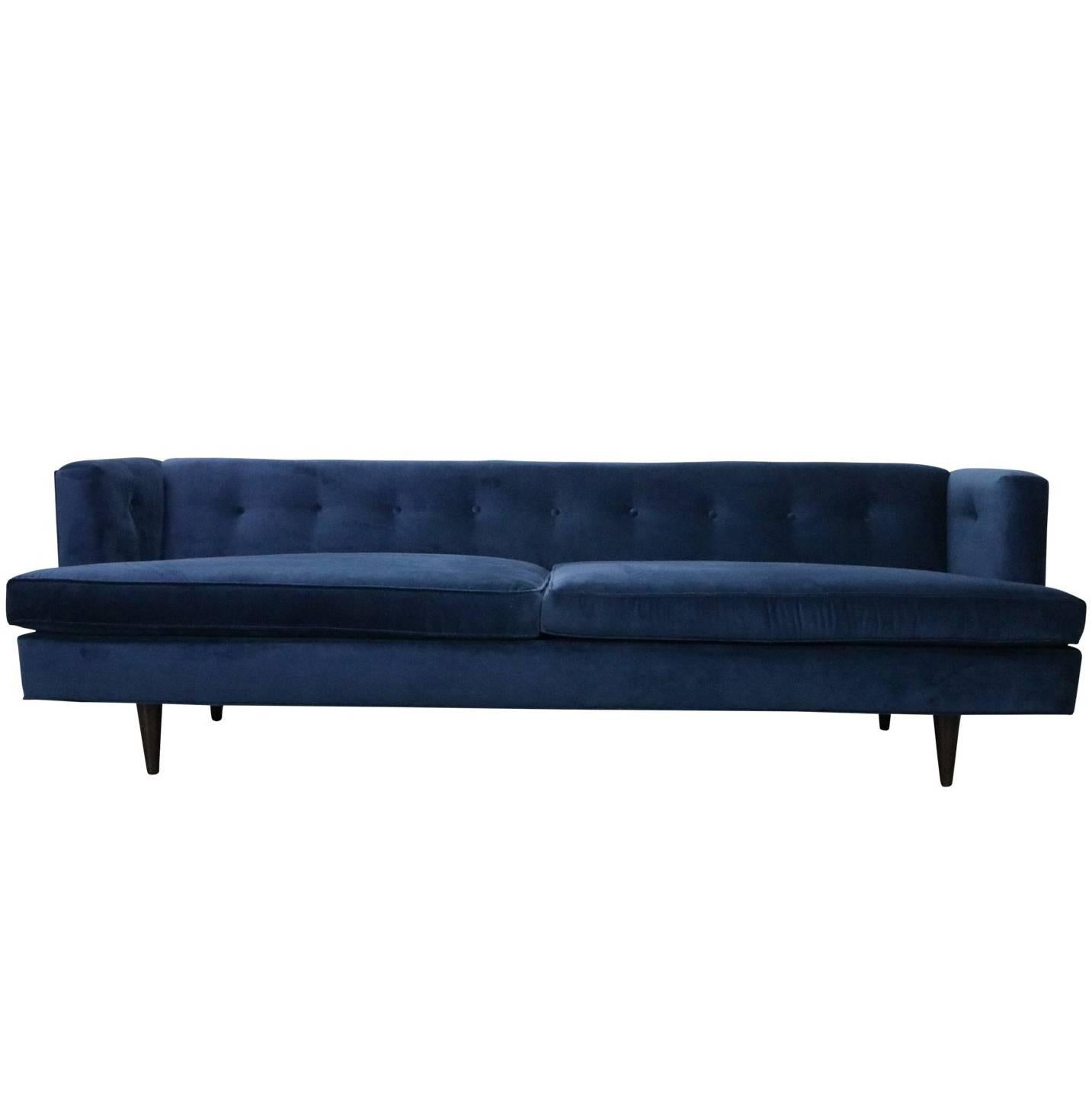 Mid-Century Modern Edward Wormley for Dunbar Tuxedo Sofa in Navy Blue Velvet