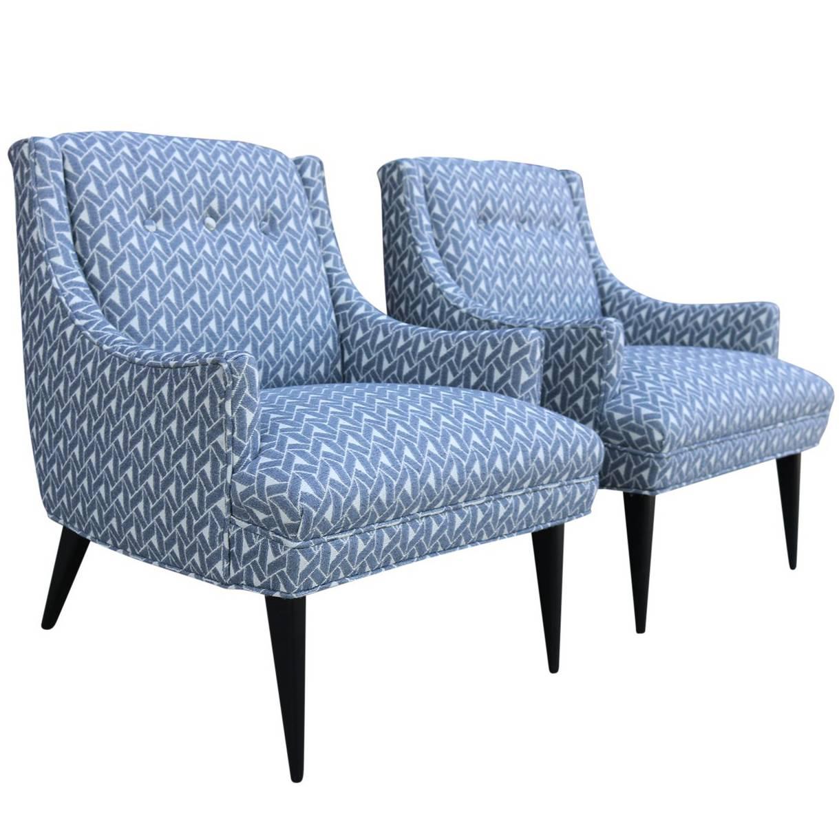 Pair of Mid-Century Modern Armchairs with Grey and White Geometric Upholstery