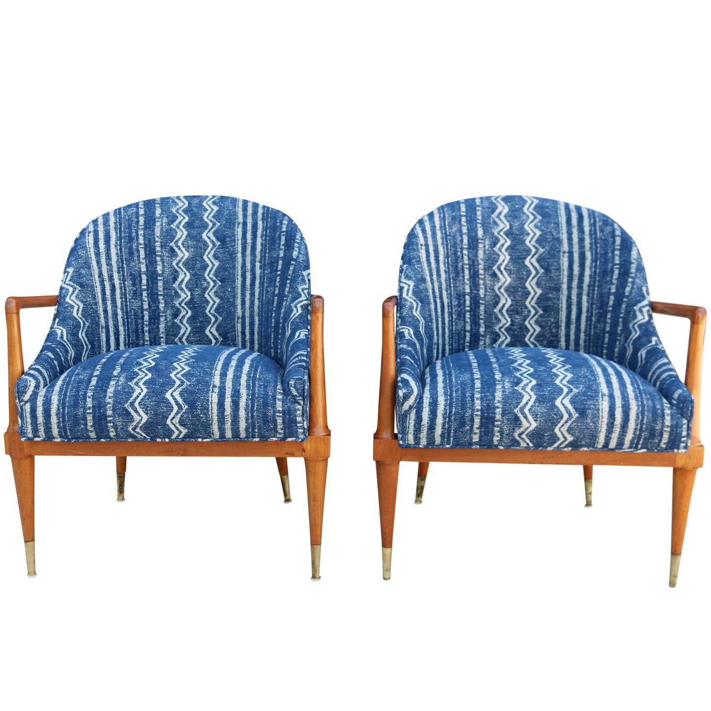 Pair of Mid-Century Modern Armchairs with Indigo Mudcloth/Shibori Fabric