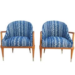 Vintage Pair of Mid-Century Modern Armchairs with Indigo Mudcloth/Shibori Fabric