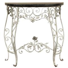 Paint Decorated Wrought Iron Marble-Top Demilune Stand