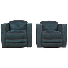 Pair of Vintage Green Ultra-Suede Art Deco Style Club Chairs