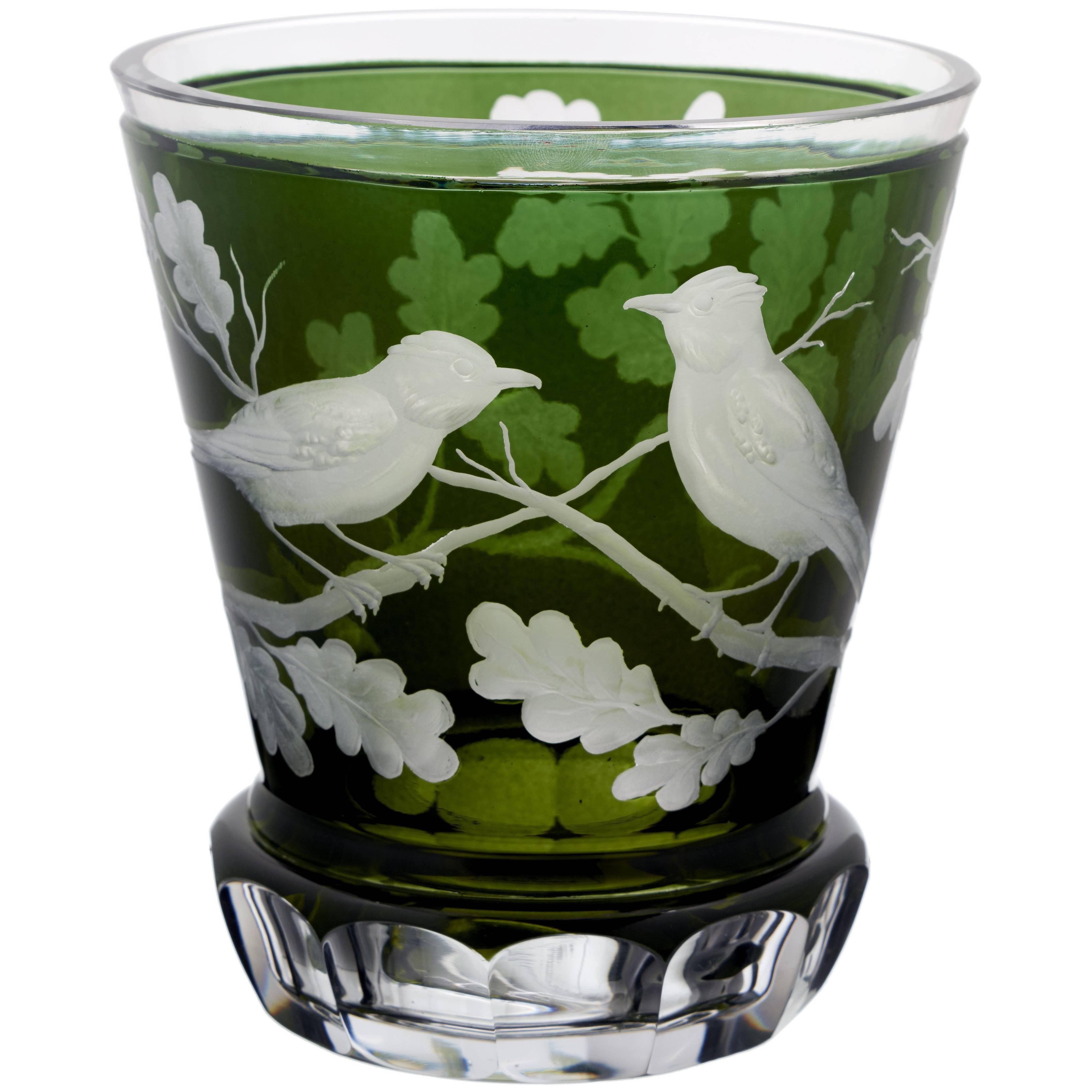 Country Style Crystal Vase Green Glass Birds Decor Sofina Boutique Kitzbuehel For Sale