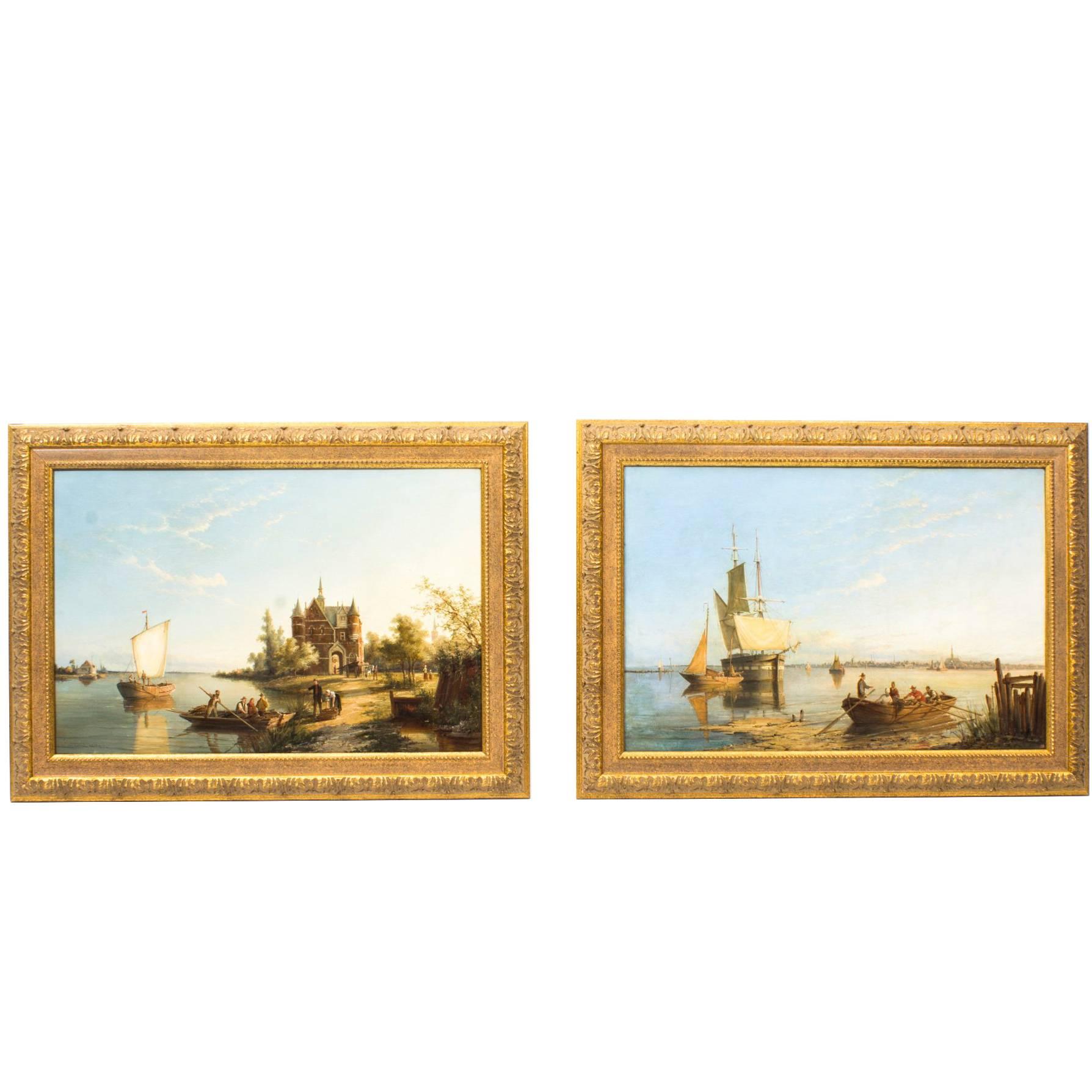 Antique Pair Oil Paintings "Zonnenbergh on the Spaarn" W R Dommersen, 1889
