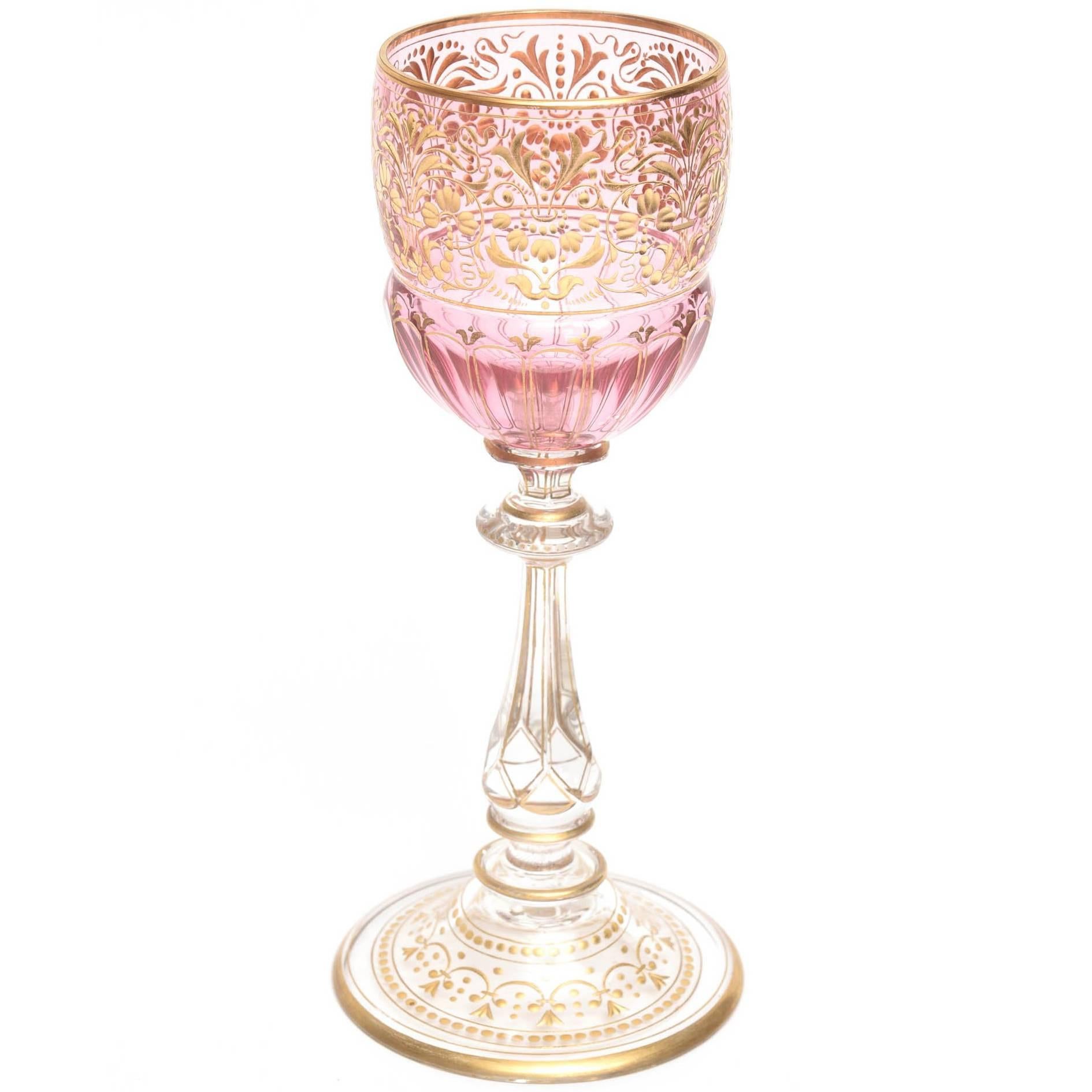 8 Elaborate Gilt and Ruby Pink Wine Goblets with Beautiful Stem