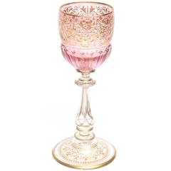 Antique 8 Elaborate Gilt and Ruby Pink Wine Goblets with Beautiful Stem