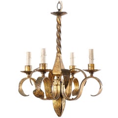 French Modern Four-Light Gold Colored Chandelier with Curling Leaf Motifs